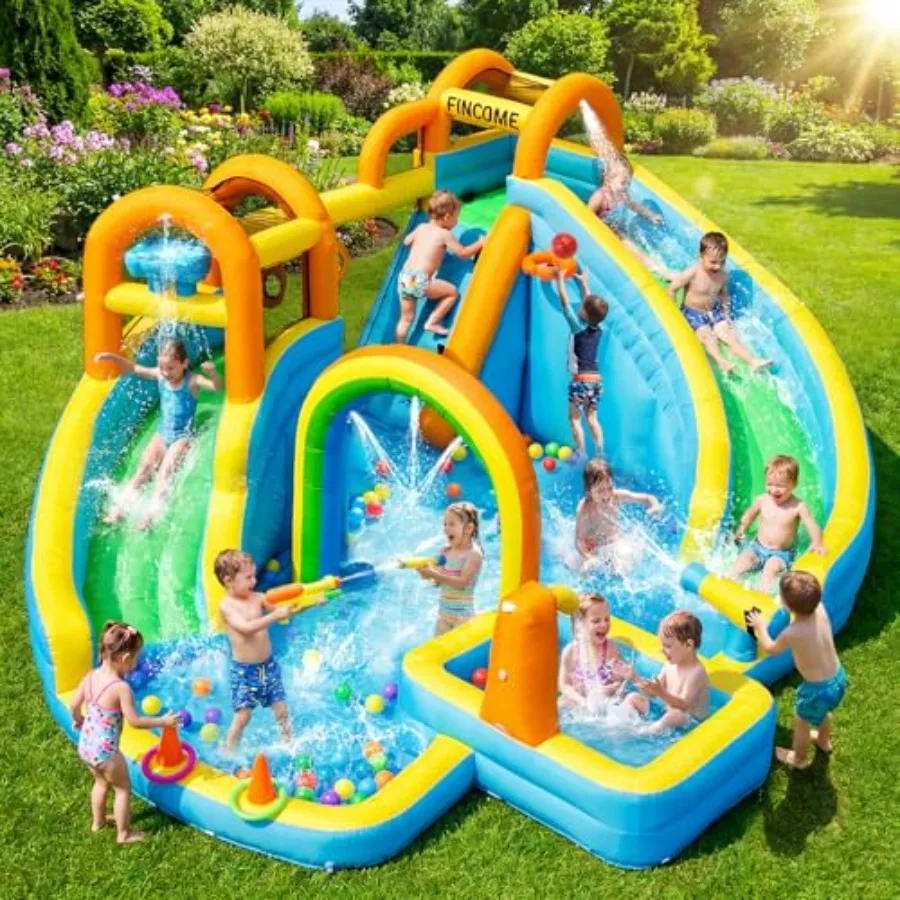 Backyard outdoor inflatable water slide park for kids: PVC material, blue and yellow, dual slides with splash pool, basketball