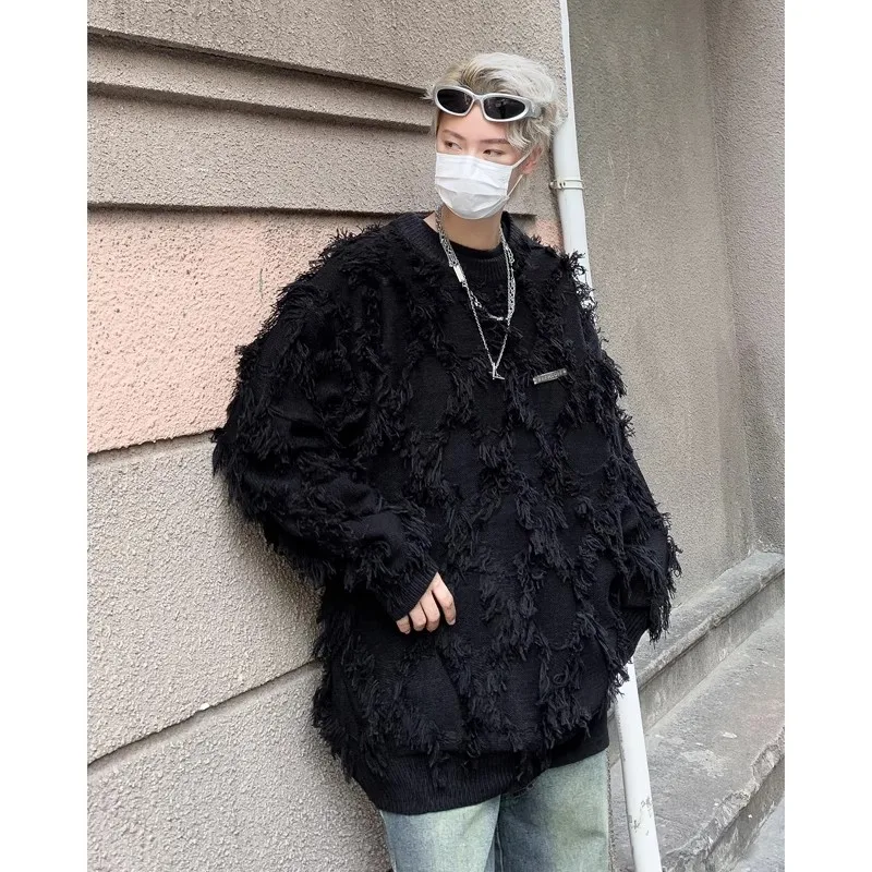 

Трикотаж с кисточками в американском стиле ретро, свободный крой, модный брендовый бархатный круглый вязаный свитер с оленем, повседневная осенняя мужская одежда