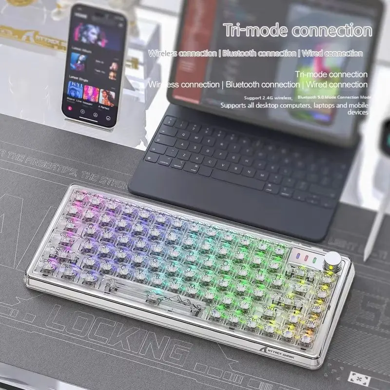 K75 Attack Shark Transparent Three Mode  Mechanical Keyboard Full Key Hot Plug Rgb Lamp Effect Bluetooth Wirelessgame Keyboard