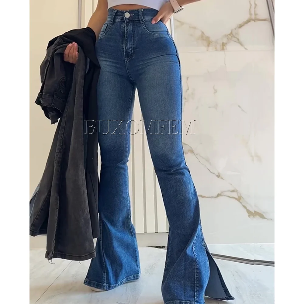 

Stylish Flared Split Mop Jeans High Quality Straight Leg Wrap Hips Casual Daily Trousers Unique Retro Soild Classic Blue Pants