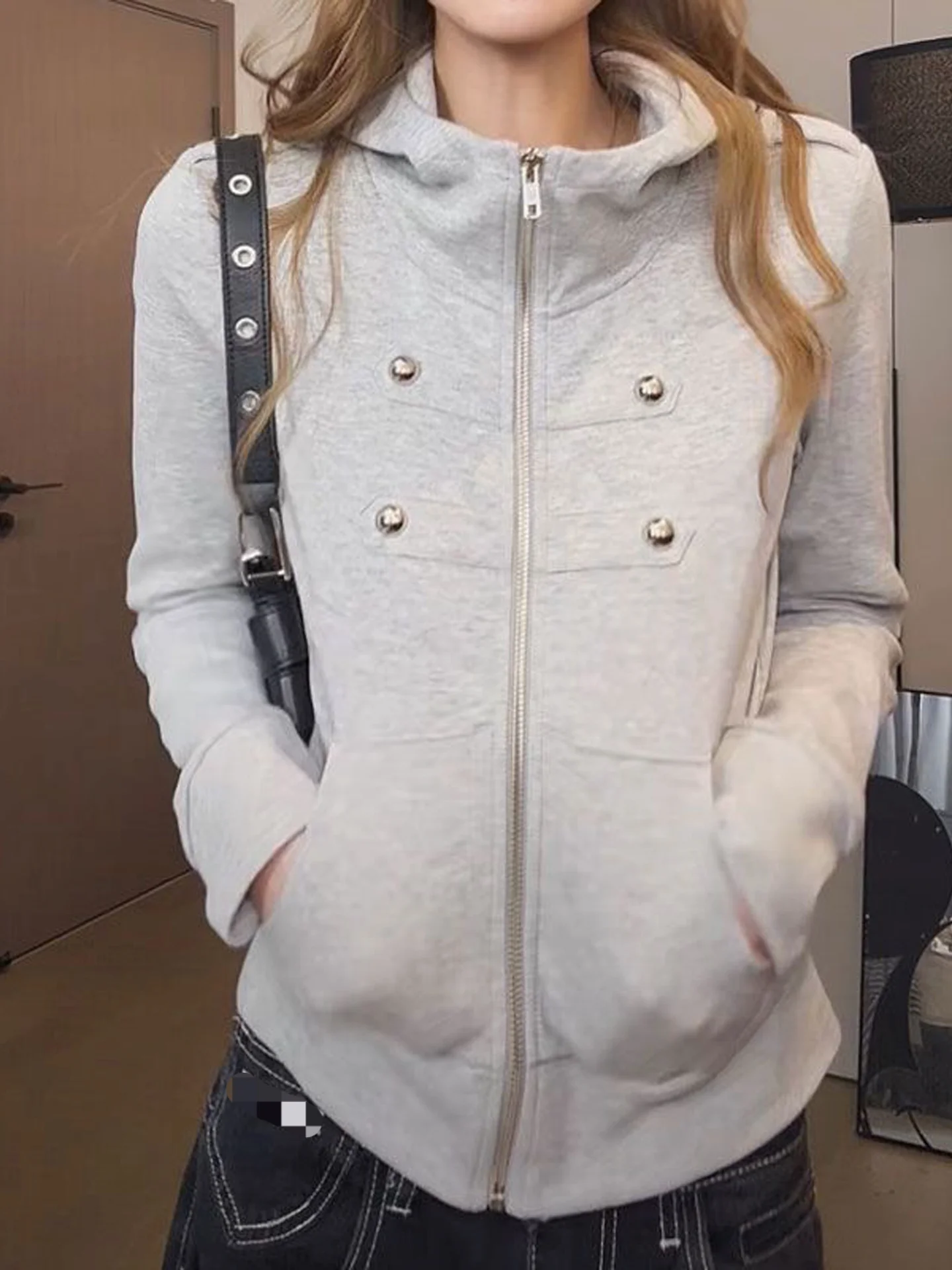 American Style Slim Fit Hooded Jacket Women's Short Coat Button Shoulder Patch Autumn New Style Casual Versatile Slimming Top