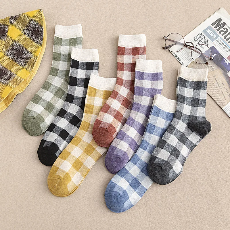 Japanese College Style Kawaii Women Socks Cotton with Grid Color Matching Streetwear Cute Socks Autumn for Ladies 419