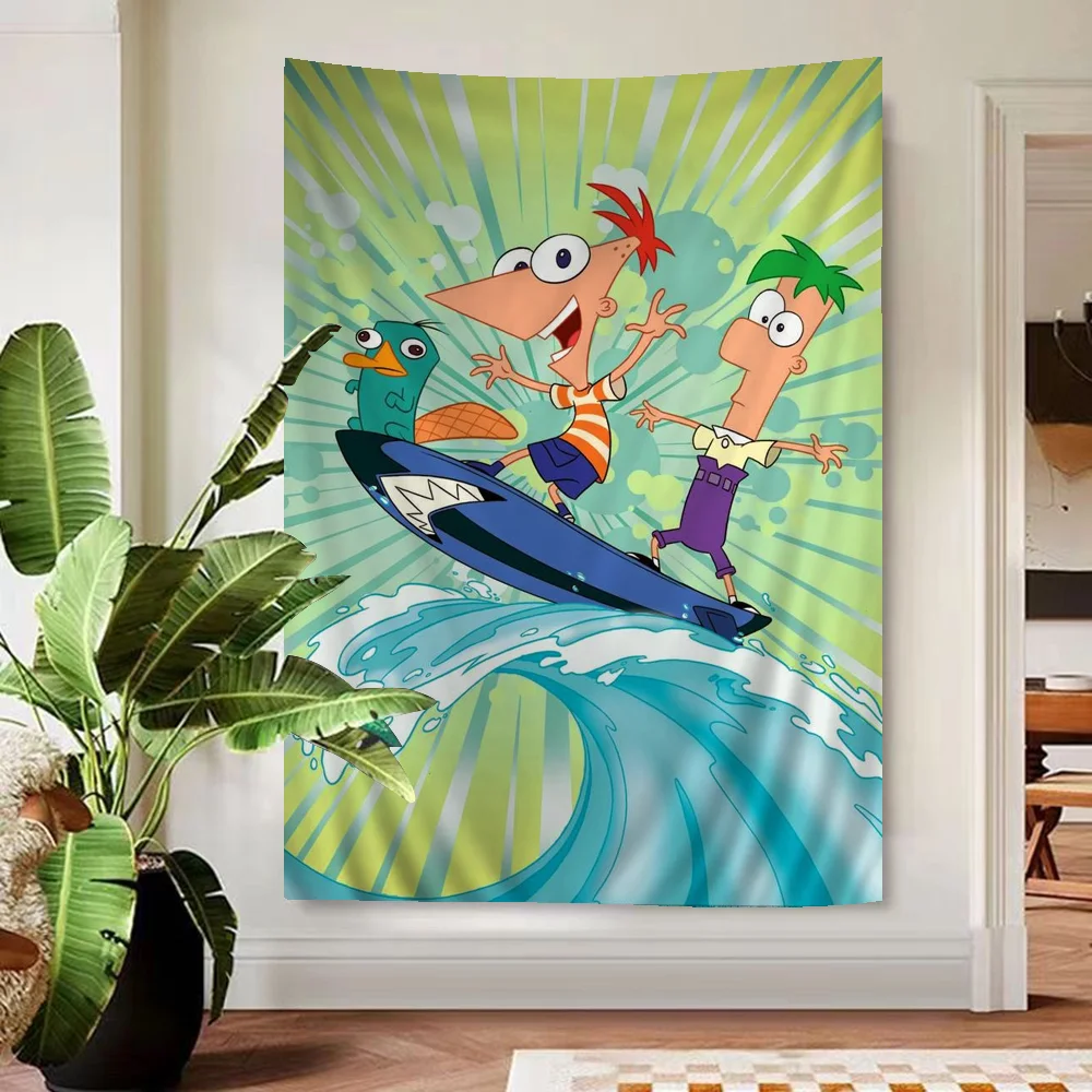 P-phineas Cartoon F-ferbs Anime Tapestry Hippie Flower Wall Carpets Dorm Decor Cheap Hippie Wall Hanging