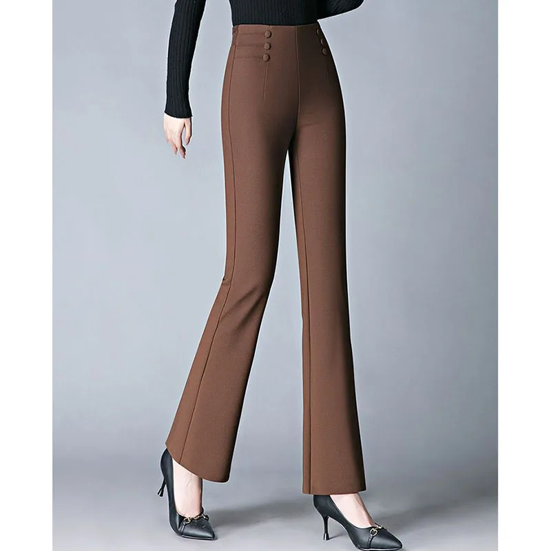 

2024 New Elastic Micro Flared Pants Ladies Casual Pocket Pants High Waist Wide Legs Solid Color Slim Straight Comfortable Pants