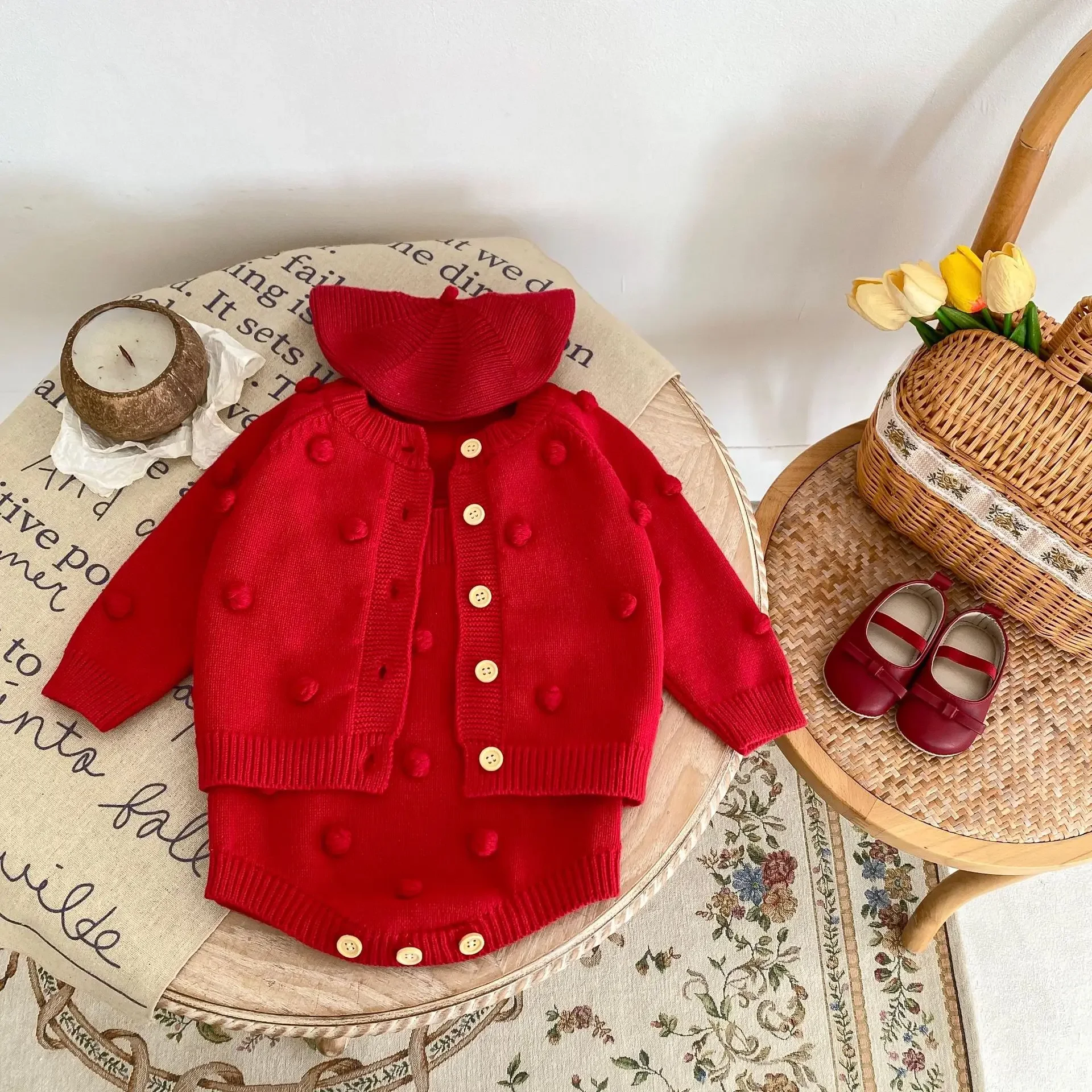 Rompers Autumn Winter New Children Baby Clothing Manual Ball Knitting Coat Knitting Sling Round Collar Striped