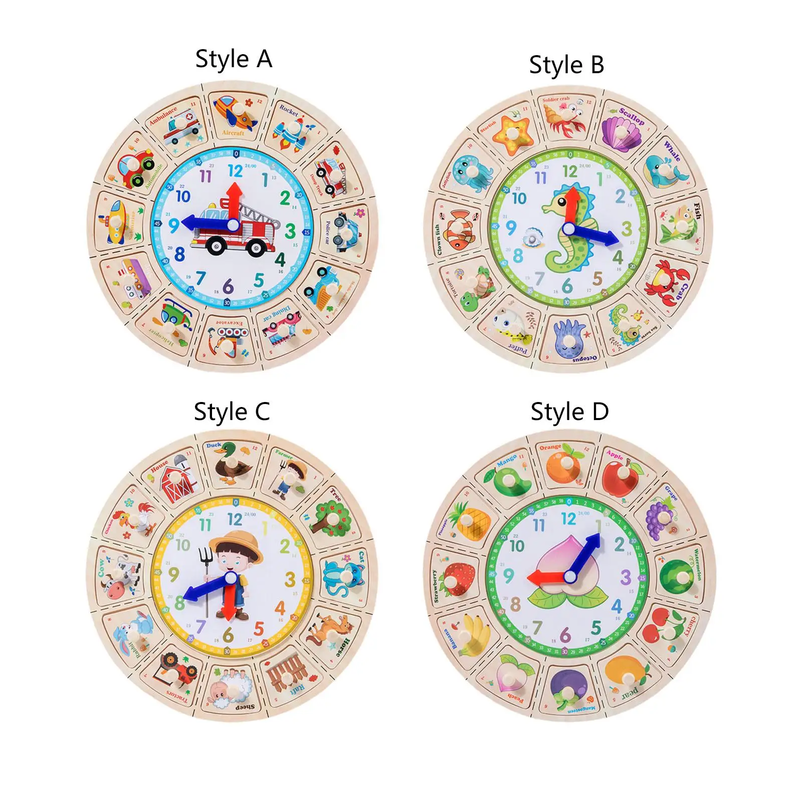 Wooden Clock Toy Puzzle Farm Sea Teaching Clocks for Teaching Aids Learning