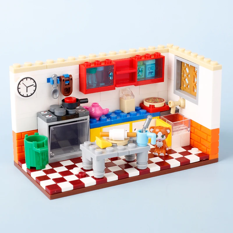 MOC City House Kitchen Room Building Blocks Kit utensili da cucina stufa cappa da cucina armadio da Bar bancone da Bar mattoni giocattoli regalo