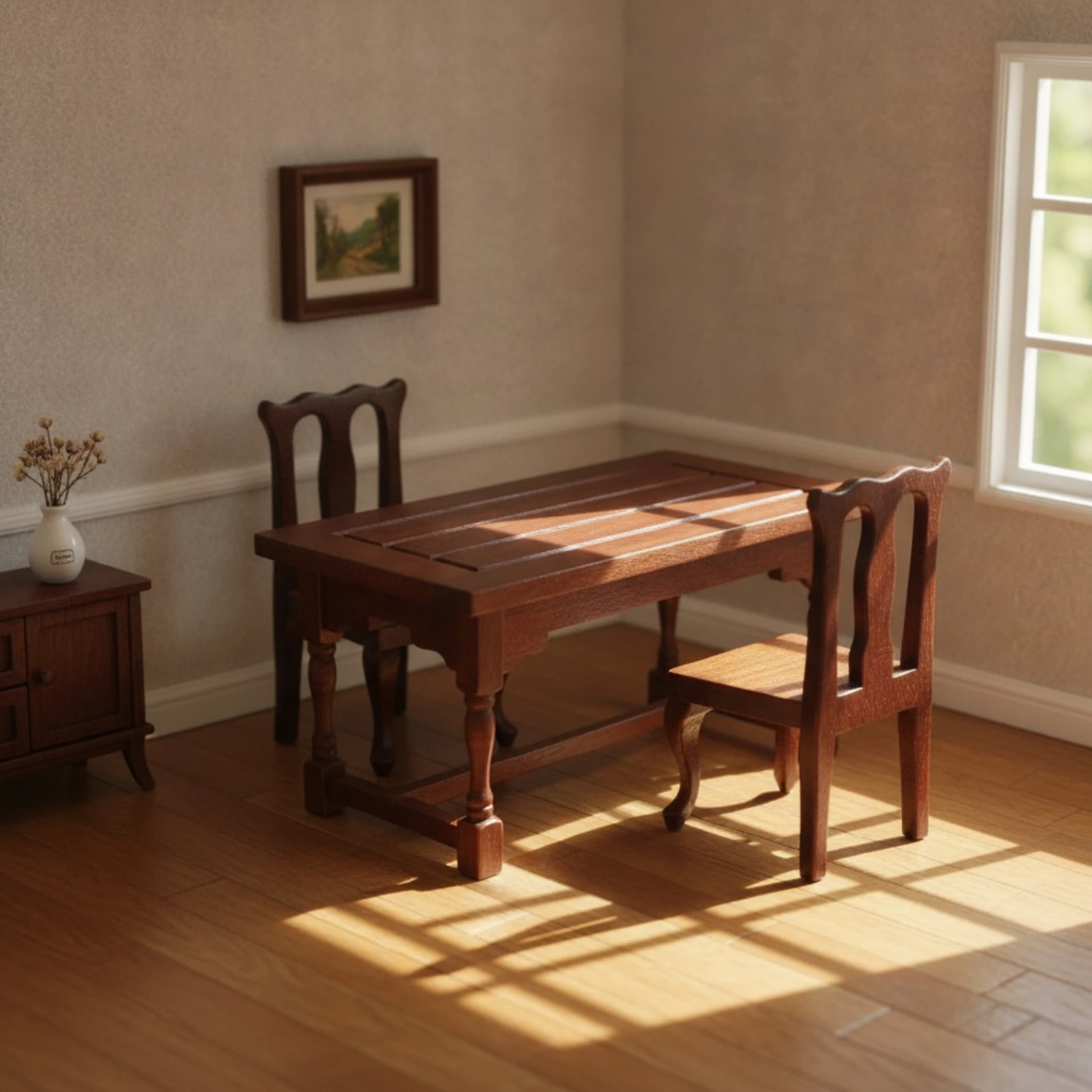 3 Pieces Dollhouse Tea Table with Chairs Traditional Style Dollhouse Table and Chairs Miniature Dining Set Collectible