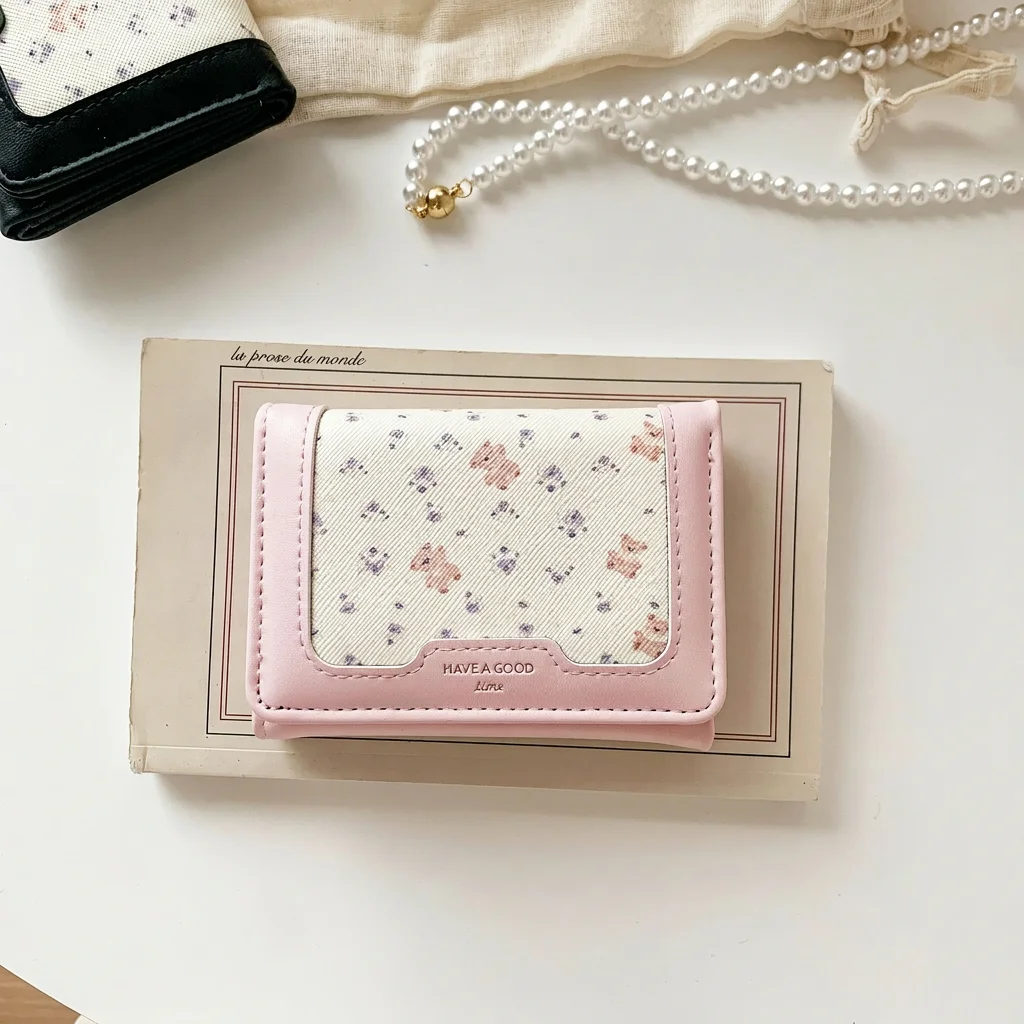 Trifold Short Wallet Compact Pu Leather Wallet Floral Print Wallet Fresh For Daily Outings Gift Women