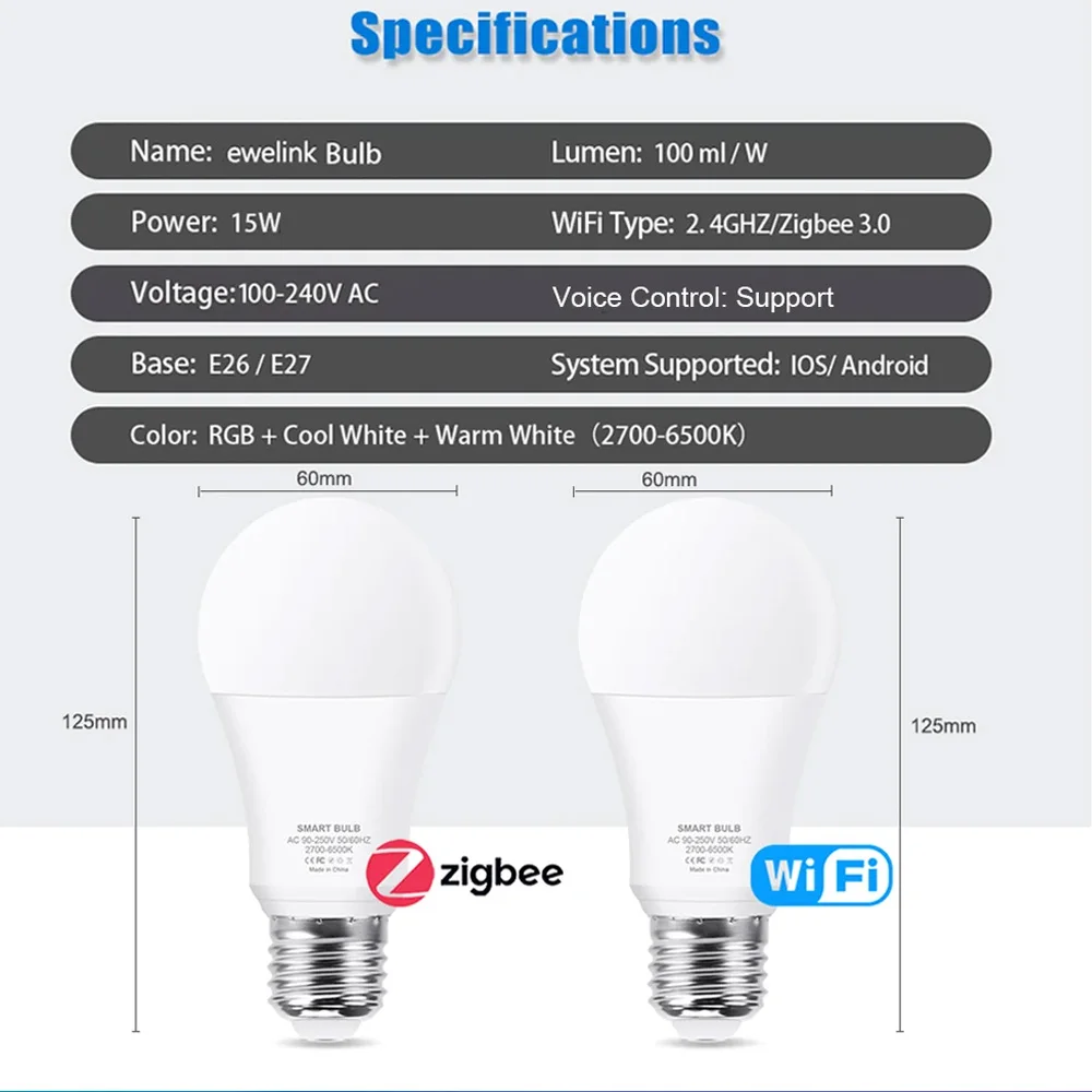 Ewelink-Ampoule Intelligente Wifi/Zigbee, Alexa, Lampe LED, RGB, AC 100-240V, 15W, pour Alexa Amazon Alice Voice