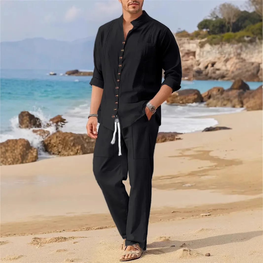 2025 Spring and autumn Cuban style fashion men\'s shirt trend casual multi-button stand collar loose long sleeve pants beach suit