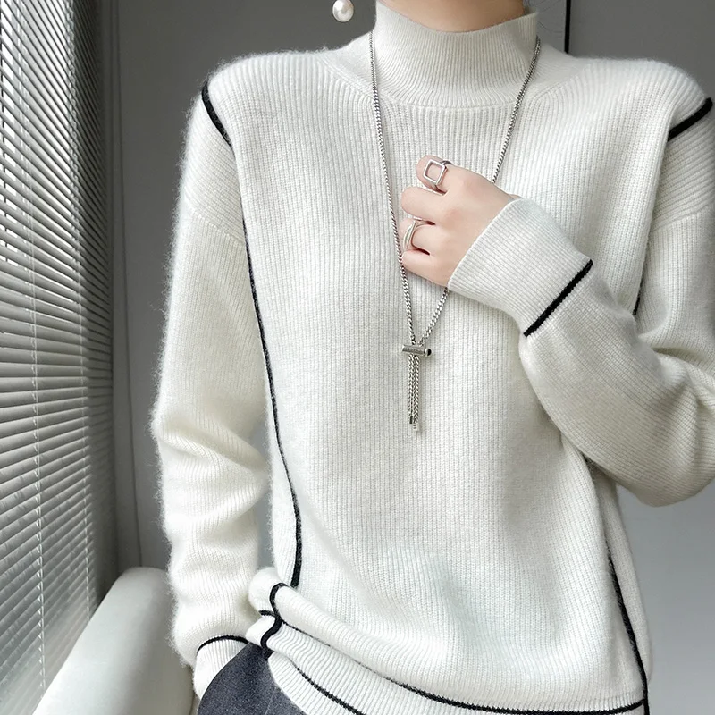 

Half High Neck 100% Pure Wool Knitted Sweater For Women, Autumn Winter Thick Long Sleeved Loose Stylish Versatile Slim Fit Top