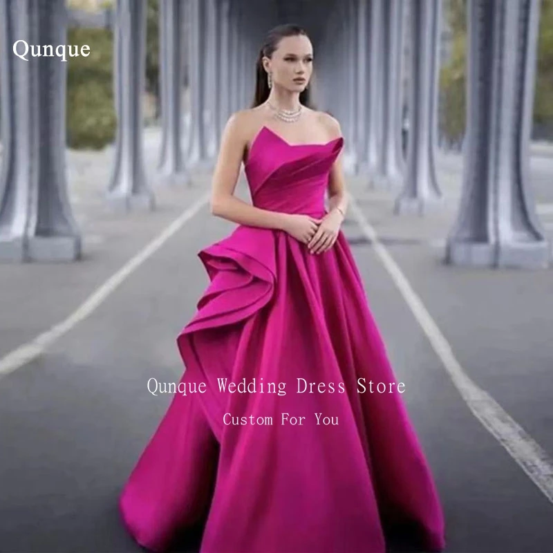 Qunque A-line Satin Evening Dresses Dubai Arabic Women Party Formal Gowns Long Fuchsia Prom Dress Customized Vestidos De Fiesta