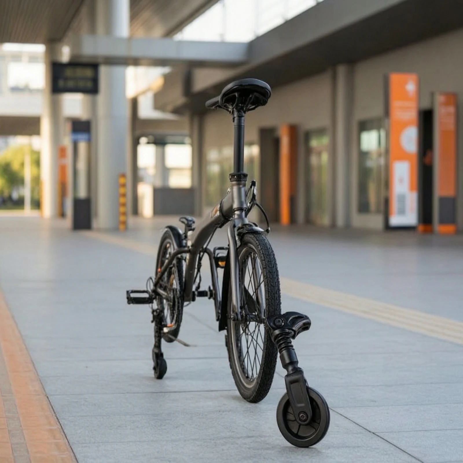 Spring-loaded Auxiliary Push Wheel for Folding Bike Articulated Design Smooth Glide for Busy Streets