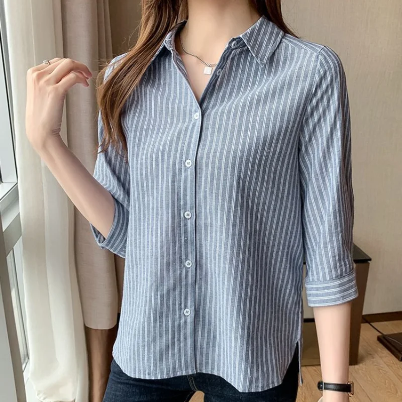 2023 Autumn and Winter New Korean Version Commuter Women\'s Clothing Splice Button 3/4 Sleeve POLO Collar Versatile Striped Shirt