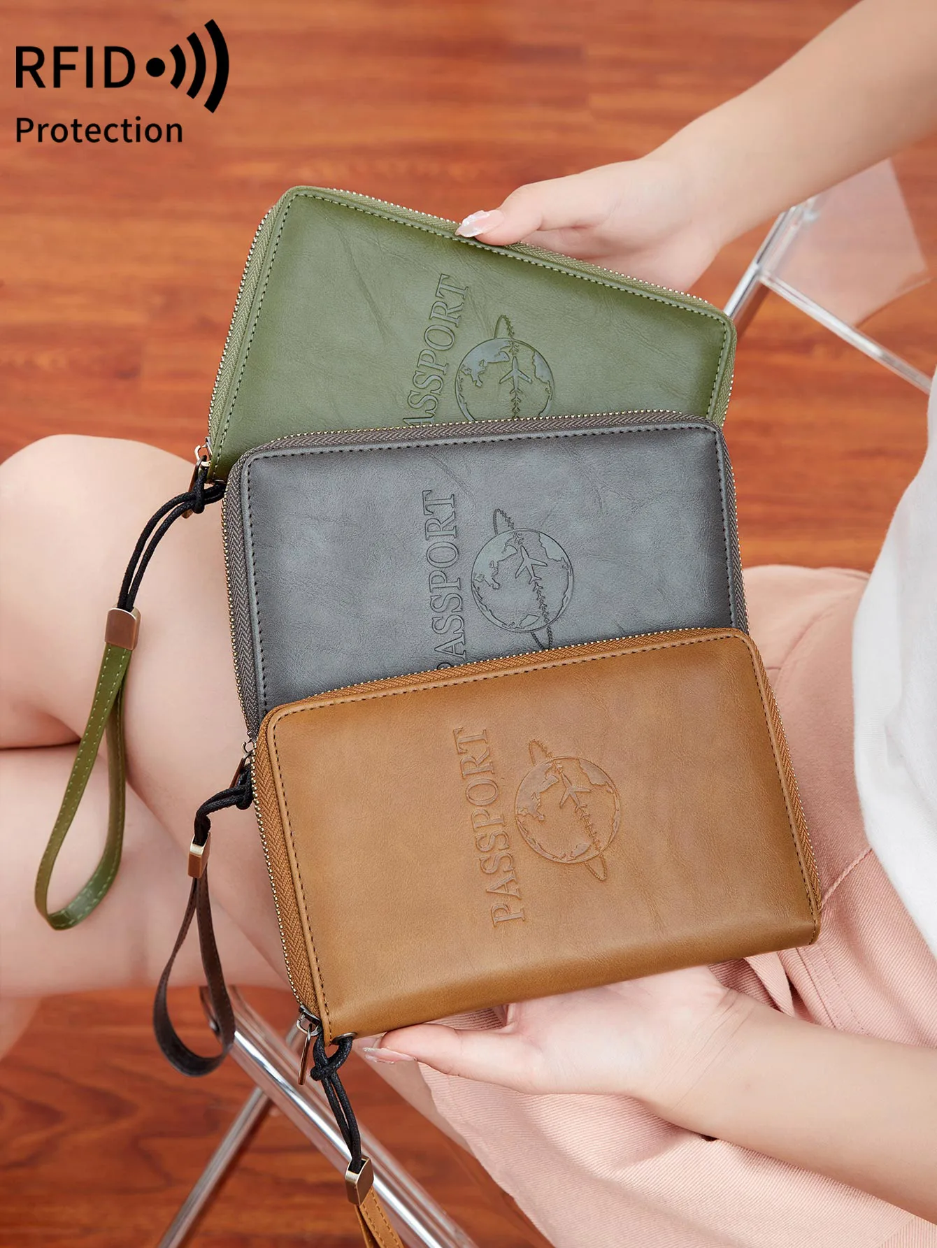 Solid color RFID portable passport holder multifunctional flight ticket passport bag with zipper and wristband travel wallet