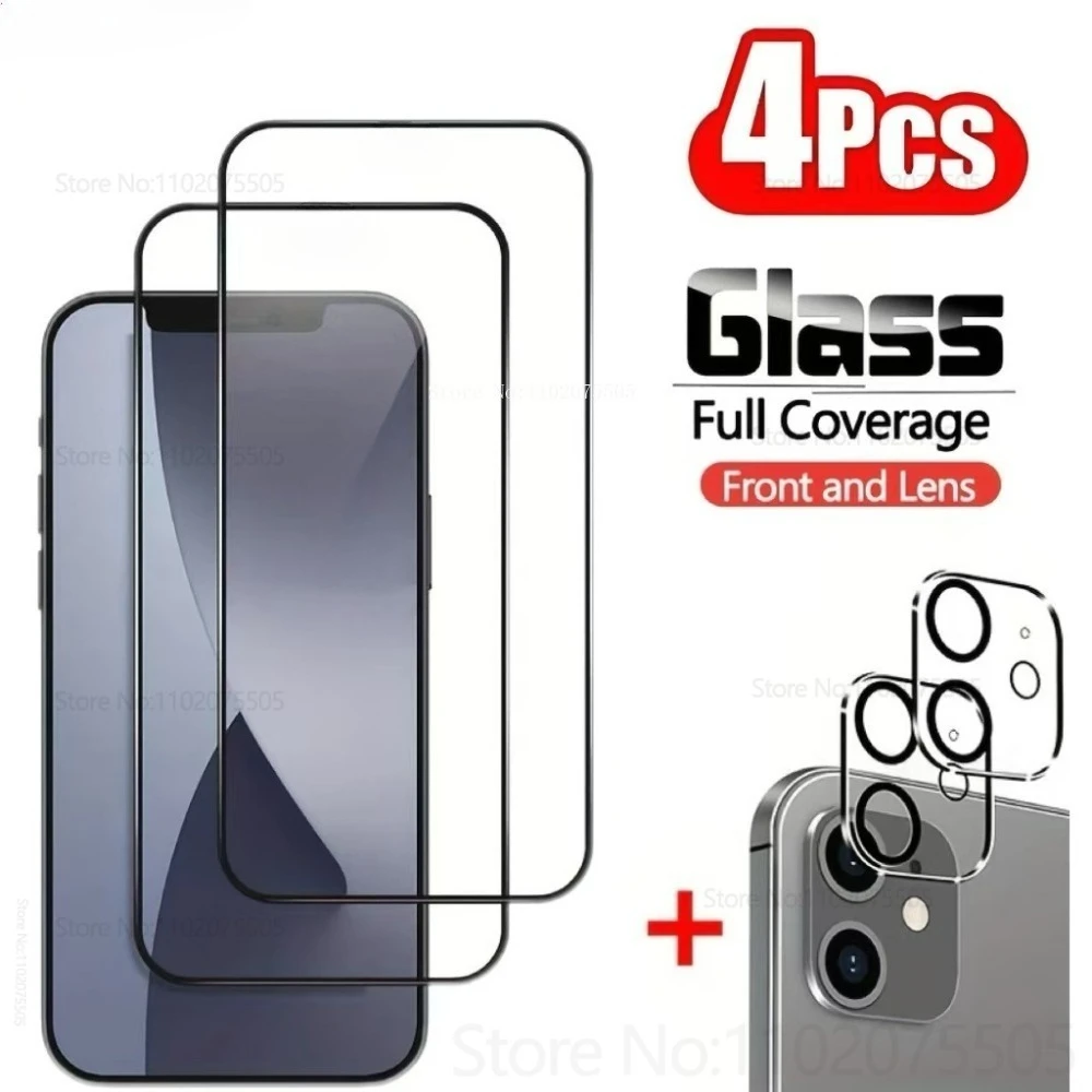[4-in-1]2Pcs Front Tempered Glass+2Pcs Camera Lens Films for IPhone 17 Pro 16 Promax 14 13 Promax 16E 17 Air 15 Plus No Bubbles