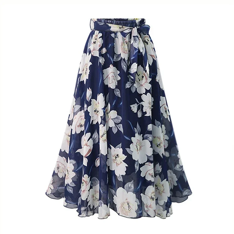 

Plus Size Print Floral Skirt Women 2023 Summer Loose Elastic High Waist Chiffon Midi Skirts Lace Up Bow L-5XL Swing Jupe Femme