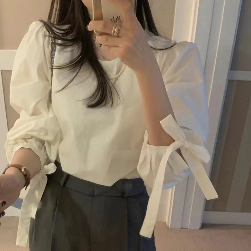 Chic Spring 2023 Women's Loose Casual round Ne White irt  Knot Sve Tops Korean Sle Commute Pure Color
