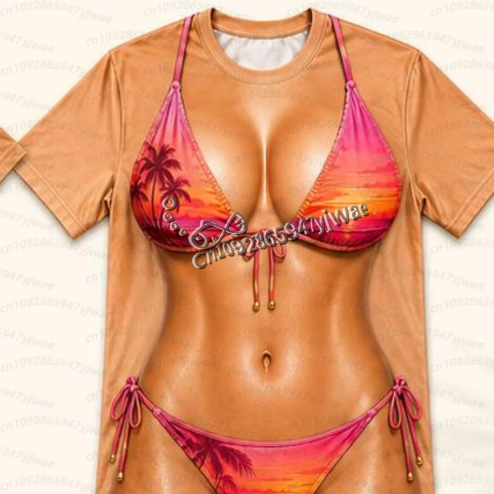 2026 Summer Women Short Sleeve Faux Bikini Illusion Tee funny Beach T Shirt For Women, Personalized Birthday Gift, Beach T-Shirt