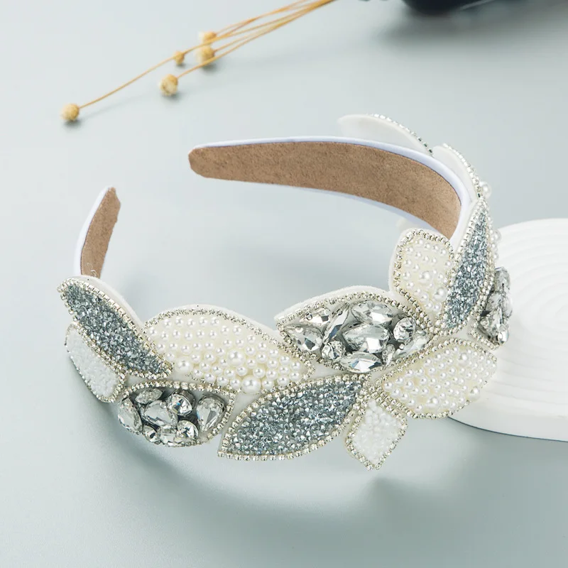 European and American fashion ball, rhinestone pearl leaf baroque headband with wide-brimmed hair accessories