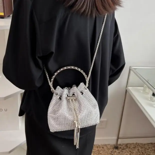 Elegant Rhinestone Evening Bucket Bag, Formal Banquet Handbag, Dinner Purse For Women Wedding Party Prom