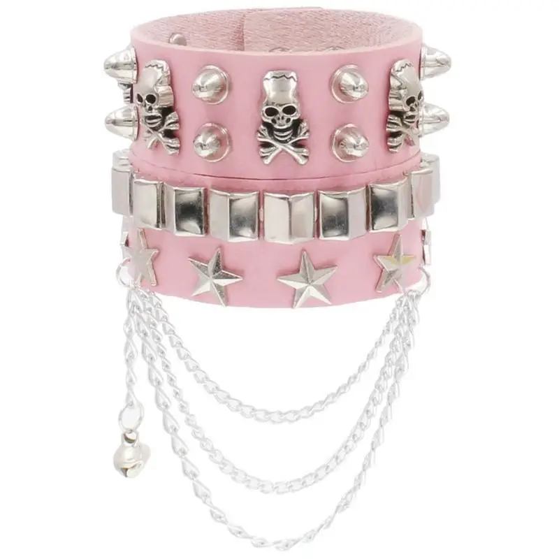 A52E 2Piece Biker Skeleton Rivet Star Wristband Jewelry Women Men Cool Chain