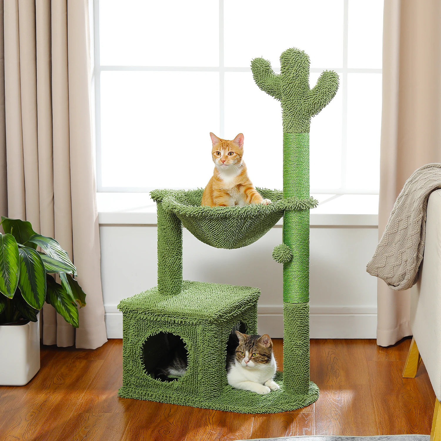 Cactus Cat Tree with Lagre Condo, Hammock, Dangling Ball, Small Cat Tower, Cat Scratching Post for Indoor