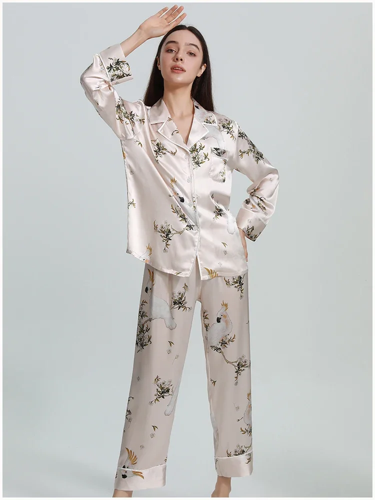 22 مللي متر 100% التوت الحرير المطبوعة ملابس النوم بيجامة مجموعة زر أسفل التلبيب Homewear سترة بيجامة من الحرير الحقيقي الفاخرة المتسكعون PJS