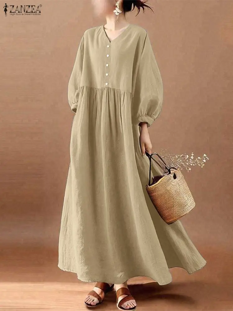 2025ZANZEA Stijlvolle Herfst V-hals Lange Lantaarn Mouw Jurk Vrouwen Maxi Jurken Elegante Effen Lange Gewaad Casual Losse Zonnejurk
