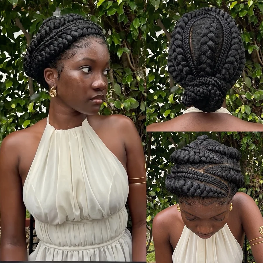 Neu eingetroffene Bantu-Flechtperücken, synthetische Vollspitzen-Cornrow-Box-Braids-Perücken, kleberlose, handgefertigte Low-Bun-Flechtperücken für Damen, 12 Zoll – Detail 5