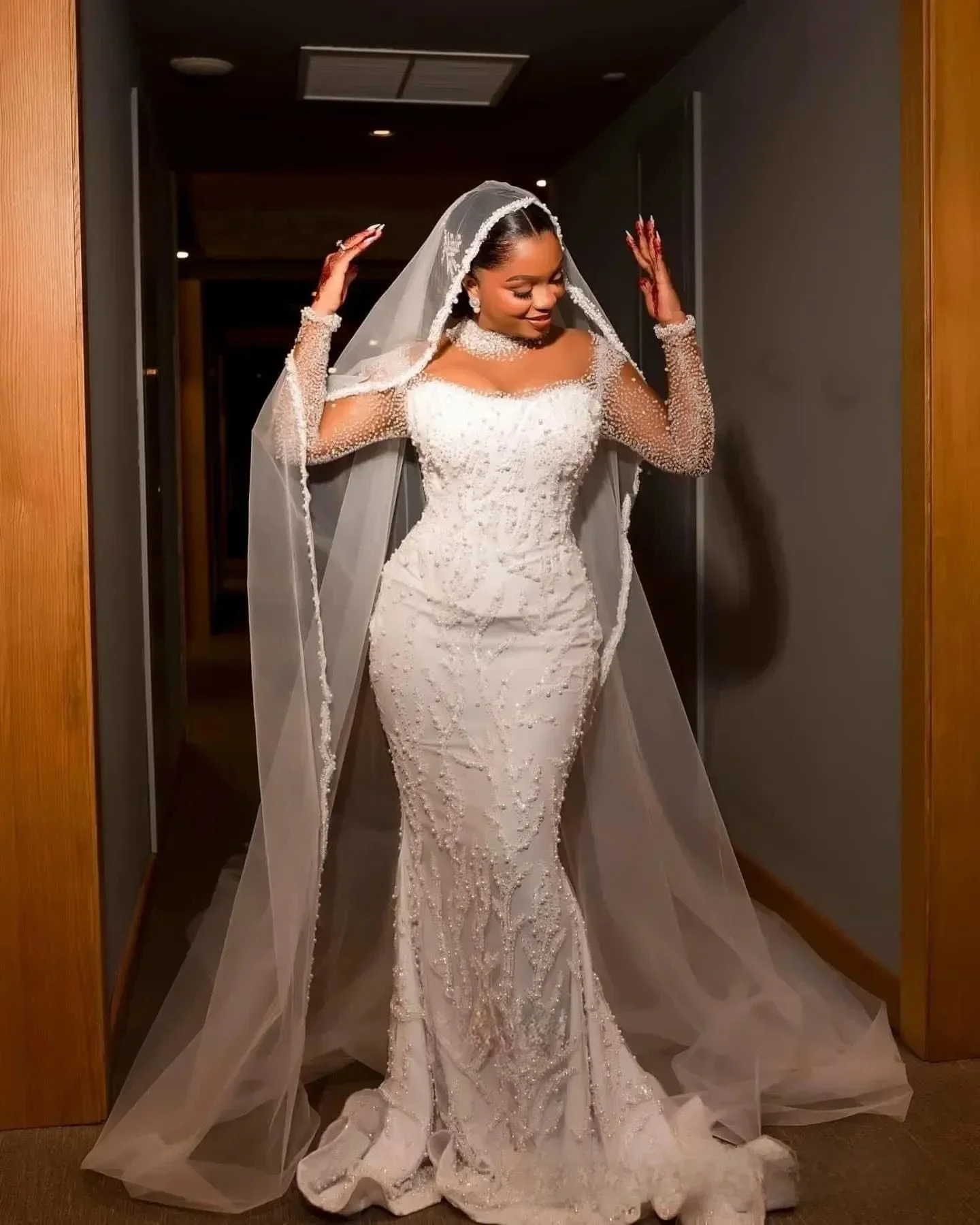 Customized Plus Size Wedding Dresses Bridal Gowns Mermaid Bridal Gowns For Bride Long Sleeves Sheer Beaded Lace Crystals