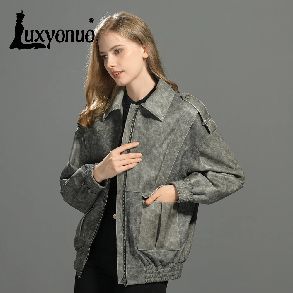 

Luxyonuo Women's Real Leather Jacket Spring Autumn Fashion Loose Sheepskin Coat Ladies Bomber Jacket 2024 Female Overcoat New