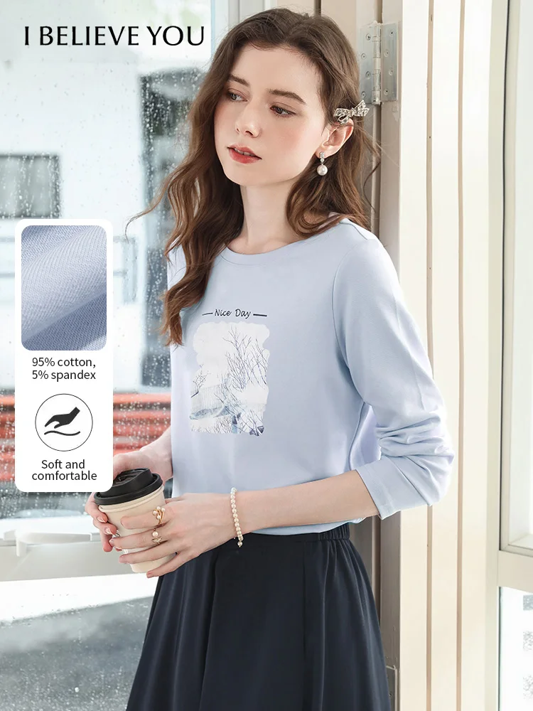 

I BELIEVE YOU Blue Sweet Printed Long Sleeved T-shirt for Women Autumn 2025 Round Neck Casual Tees Cotton Soft Tops 2253016074