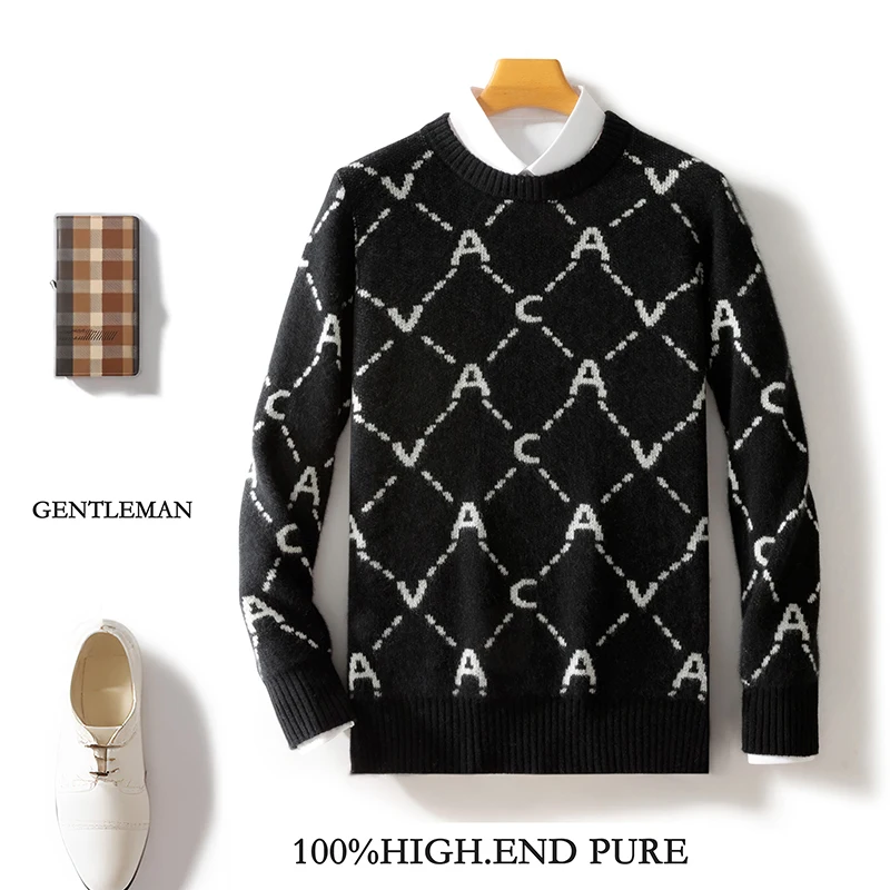 Autumn And Winter New Round Neck 100% Pure Wool Men's Color Matching Thick Sweater Loose Casual Knit Bottoming Shirt