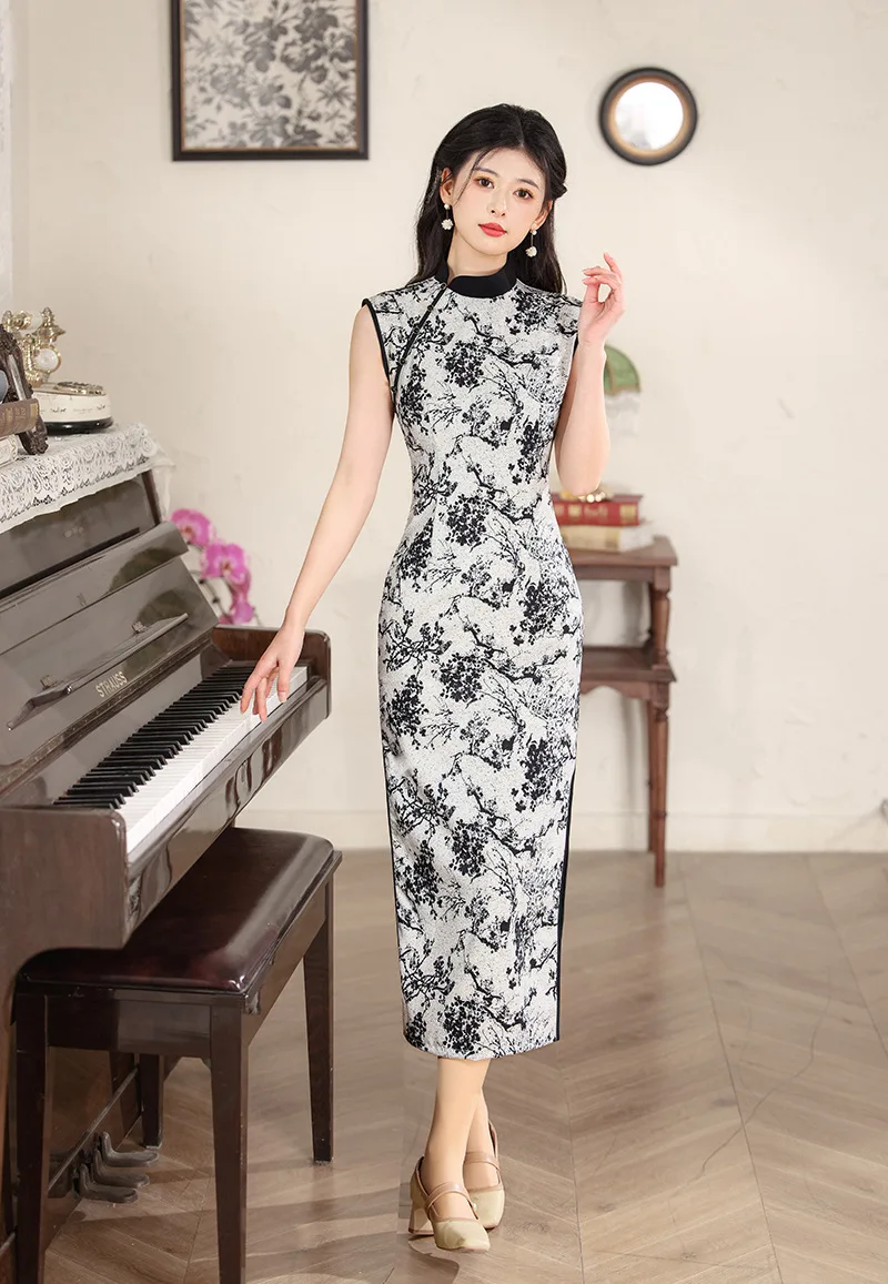 

Chinese Prom Party Dress Traditional Female Elegant Print Satin Qipao Summer Sleeveless Cheongsam