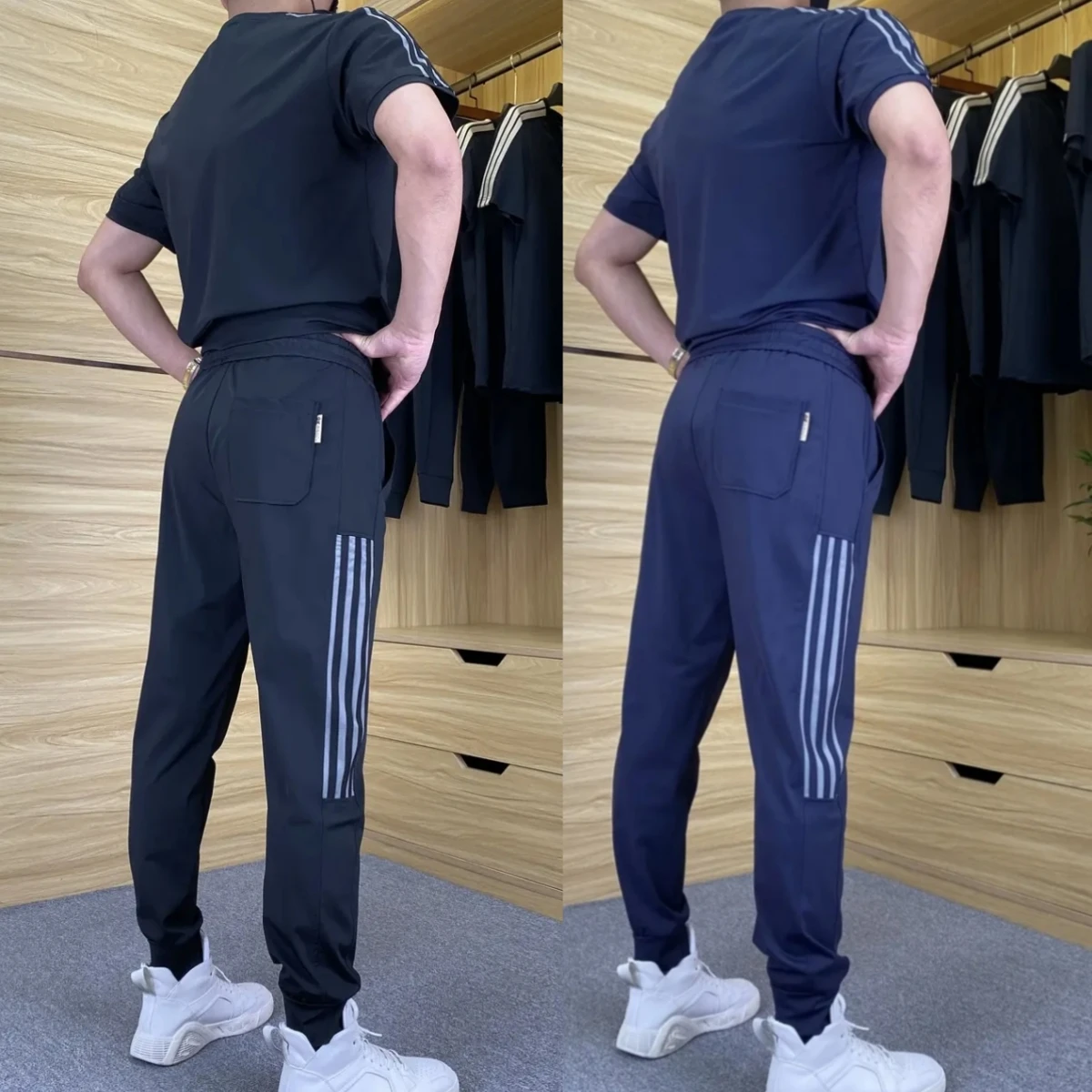 

Мужской летний спортивный костюм из ледяного шелка: быстросохнущий, модный, свободный, высокоэластичный, с коротким рукавом и шортами, комплект из двух предметов