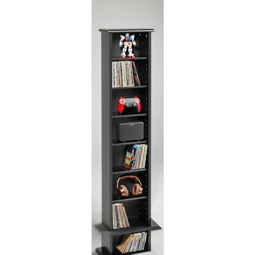 

Slim Media Storage Tower, Tall Narrow Cabinet for Small Spaces, Black Adjustable Shelves