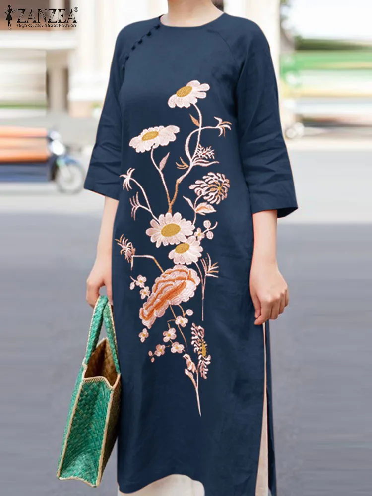 ZANZEA Female Casual Floral Embroidery Dress Fashion Split Hem Sundress Woman 3/4 Sleeve O-Neck Vestidos Summer 2024 Oversized