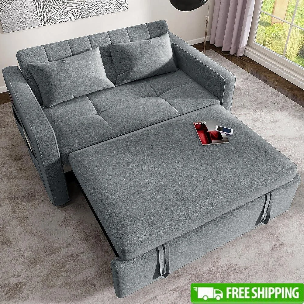55 inch Convertible Sofa Bed 3 in 1 Velvet Sleeper Sofa Adjustable Backrest Sturdy Structure with Storage Side Pockets and
