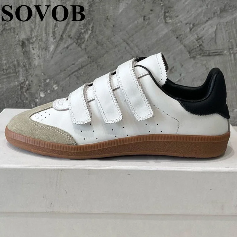 

2024 Spring Autumn Daily Versatile Walking Shoes Round Toe Thick Sole Sneakers Genuine Leather Spliced Mixed Color Flat Shoes