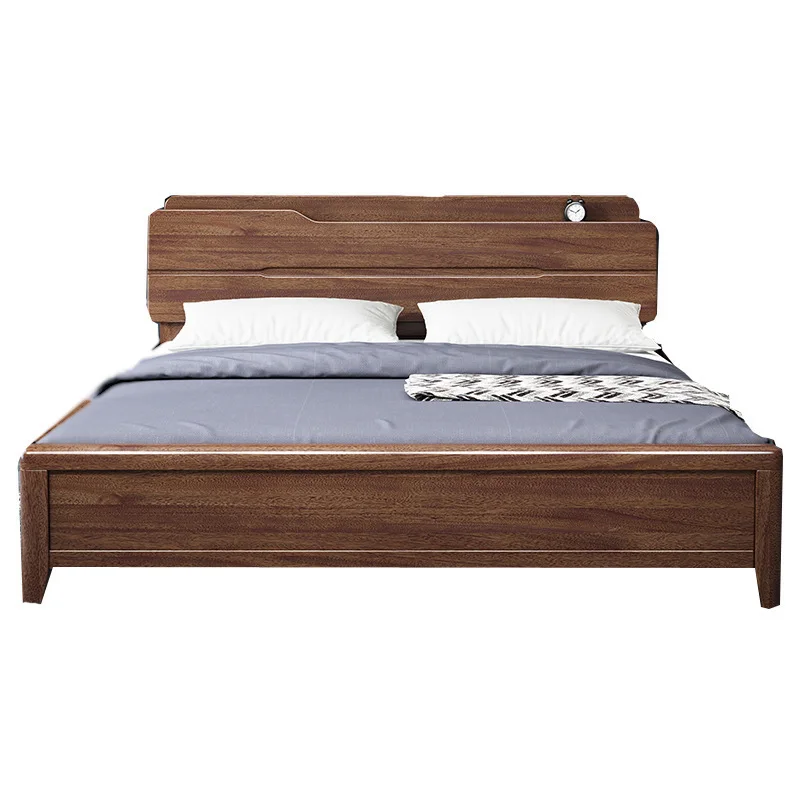 Walnut solid wood bed Modern simple master bedroom double bed Household storage bed Small apartment