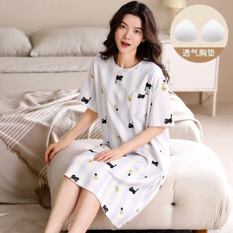 

2025 Summer Short Sleeve 100% Cotton Print Nightgowns for Women Korean Cute Sleepwear Night Dress Nightdress Ladies Home Nighty