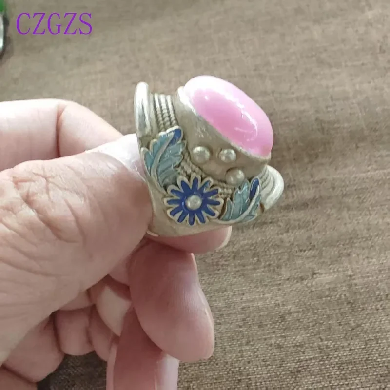 Orientalischer Vintage Unisex Offener Ring mit Blumen- und Blattmuster, Emaille-Metallband, Ovaler Imitations-Rosenquarz, Verstellbarer Ethnischer Fingerschmuck – Detail 2