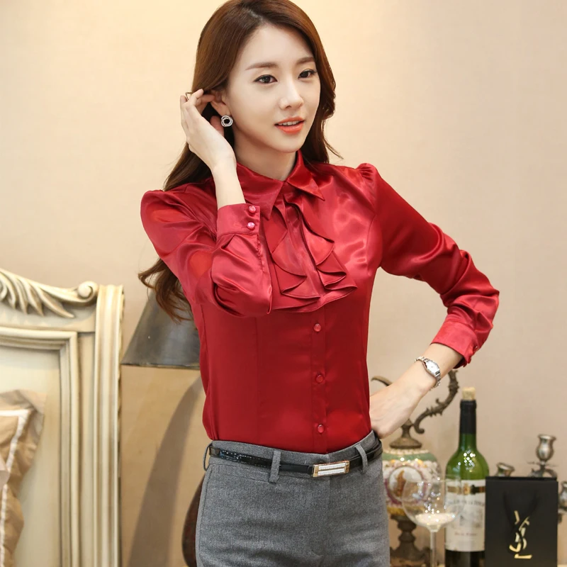 Office Work Lady Satin Shirts Femme Office Long Sleeve Satin Blouses Woman Tops