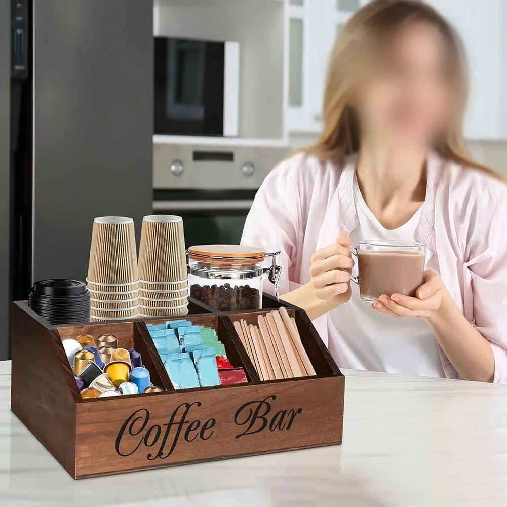 Multi Purpose Coffee Supply Holder Coffee Organizer Wooden Coffee Station Multi-functional Storage Flexible Partition Design
