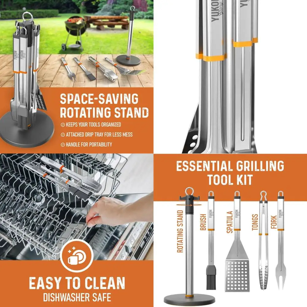 

Complete Grill Tool Set with Rotating Stand and Drip Pan | Essential BBQ Tools Kit | Durable and Easy to Clean