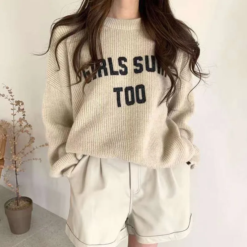 

Korean style autumn and winter new versatile round neck letter printed pullover women loose casual long sleeved knitted top
