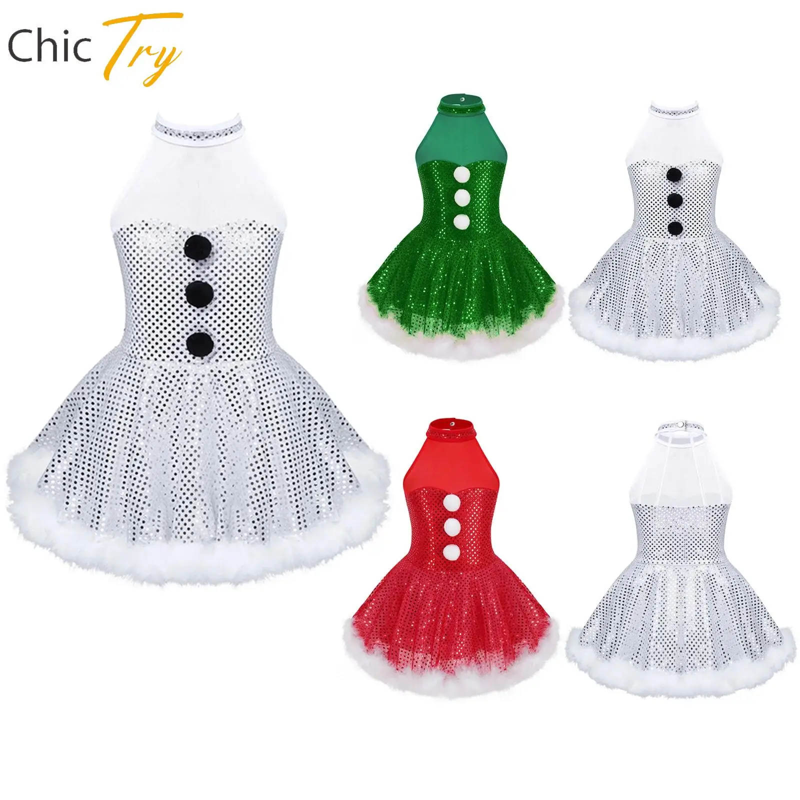 Vestido de muñeco de nieve de Navidad para niñas, Ropa de baile sin mangas, empalme de malla, espalda enjaulada, lentejuelas brillantes, patinaje artístico, vestidos giratorios
