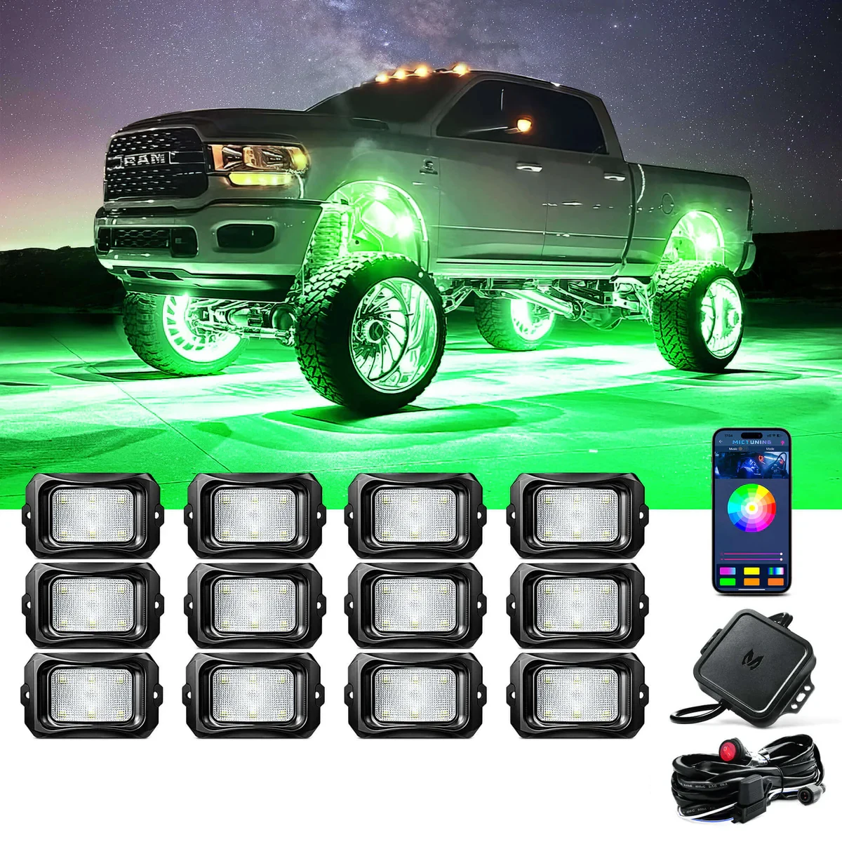 MICTUNING LED Rock Lights Kit with Blue-tooth & APP Control, Multicolor Cars Underglow, Wheel, Footwell Neon Light Kits for  Car